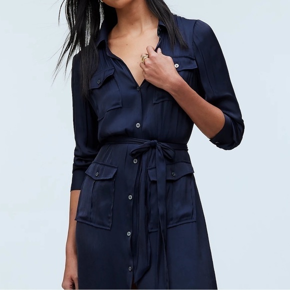 Madewell Button-Front Utility Shirtdress Satin Deep Indigo size XS NWT NR775 - Picture 2 of 12